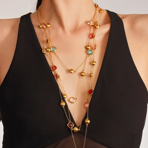 18K Gold Plated Stainless Steel Long Station Necklace For Women Multi Color Faceted Czech Glass Stones Elegant Jewelry