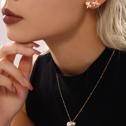 Edelstahl Zirkonia Künstliche Perle Sternbild Schleife Schmuckset Halskette Ohrstecker Gold Silber Zubehör