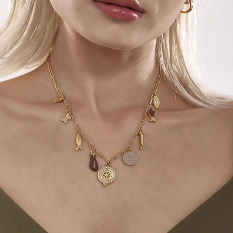 Bohemian Gold Titanium Steel Pendant Necklace For Women Vintage Multi Charms Butterfly Fish Heart Evil Eye Enamel Zirconia Jewelry