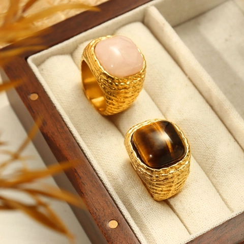 Vintage Stainless Steel Tiger's Eye Rose Quartz Inlaid Ring For Men Women Electroplated Ferris Wheel Style Fashion Jewelry