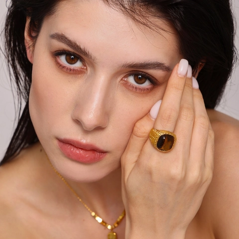 Vintage Stainless Steel Tiger Eye Stone Ring For Women Gold Plated Braided Texture Geometric Square Cabochon Rose Quartz Jewelry Ring