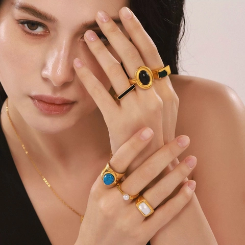 Vintage Stainless Steel Ring For Women Zirconia Inlaid Bohemian Turquoise Shell Agate Geometric Fashion Finger Ring Jewelry Gift