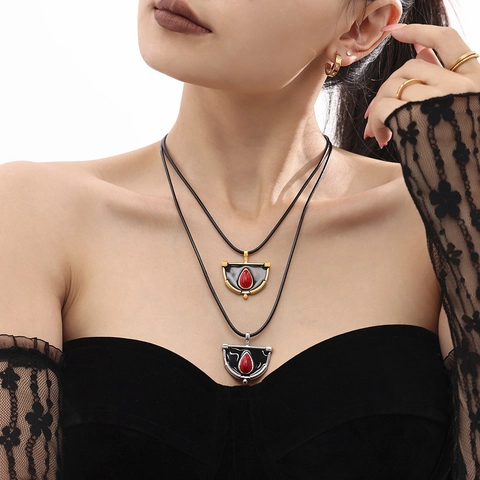 Vintage Geometric Enamel Teardrop Pendant Necklace Stainless Steel Black Braided Leather Cord Sweater Chain For Women Cosplay