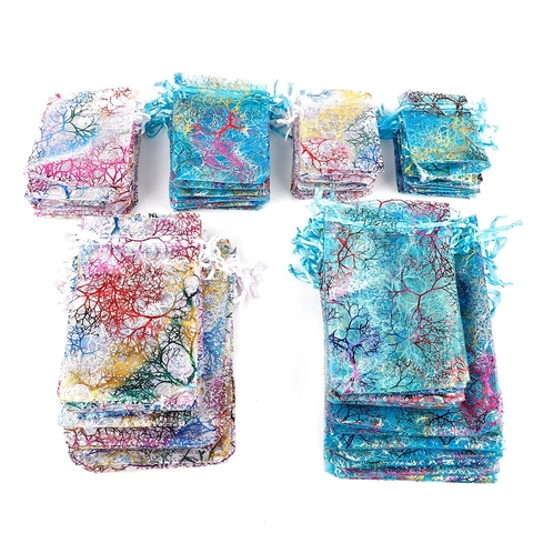 Bolsas de Joyería con Cordón de Organza con Patrón de Ramas de Coral Impresión Transparente de Malla para Fiesta Boda