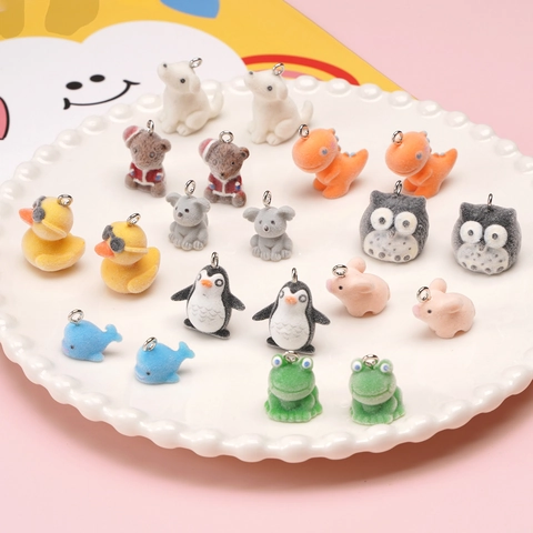 Cute Flocked Animal Pendants For DIY Jewelry Making Cartoon Resin Charms For Keychain Phone Case Decoration Craft Accessory
