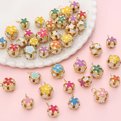 14mm 18mm Cloisonne Hollow Metal Bell Pendants Colorful Enamel Floral Ball Charms For DIY Jewelry Making Keychain Materials
