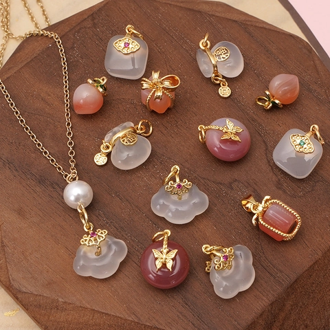 Ciondoli in Lega Placcati Oro 14K Stile Cinese Look Giada in Resina Sacchetto della Fortuna Pesca Ruyi Charms Per Fai Da Te Collana Braccialetto Gioielli