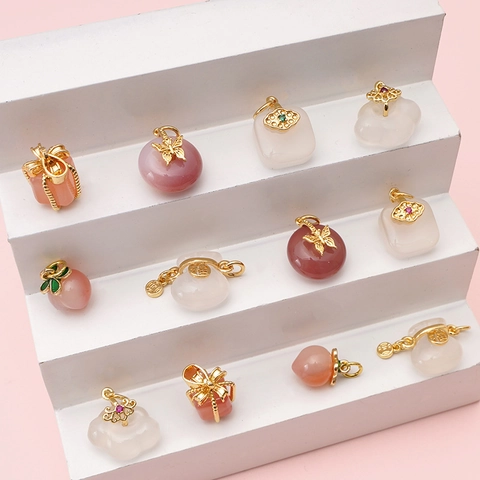 Ciondoli in Lega Placcati Oro 14K Stile Cinese Look Giada in Resina Sacchetto della Fortuna Pesca Ruyi Charms Per Fai Da Te Collana Braccialetto Gioielli