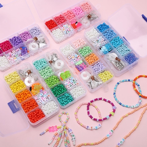 DIY Jewelry Making Kit Acrylic Seed Beads Alphabet Beads Resin Bear Charms Elastic Cord For Kids Girls Handmade Jewelry DIY