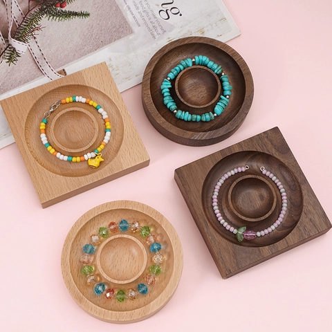 Plateau de Présentation Bijoux en Bois Massif Rond Carré Noyer Hêtre Bracelet Rangement Accessoire de Photographie Support DIY