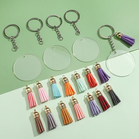 DIY Schlüsselanhänger Material Kit Klare Runde Acryl Rohlinge Metall Schlüsselringe Bunte Quasten Für Handwerk Taschen Zubehör