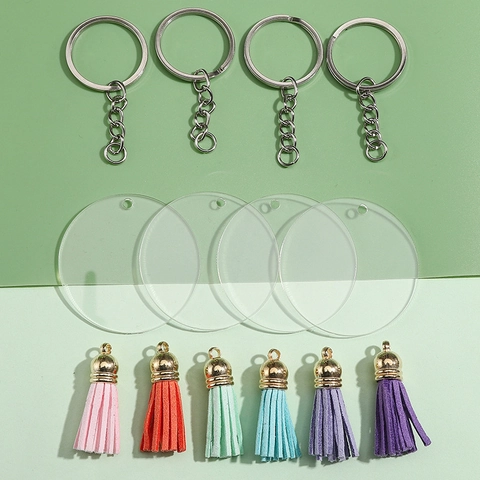 DIY Schlüsselanhänger Material Kit Klare Runde Acryl Rohlinge Metall Schlüsselringe Bunte Quasten Für Handwerk Taschen Zubehör