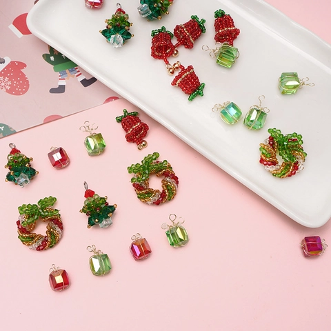 Handmade Glass Crystal Christmas Charms For Jewelry Making Tree Bell Wreath Gift Box Pendants DIY Bracelet Earrings Accessory