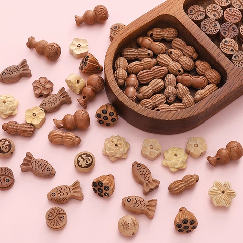 Vintage Carved Jujube Wood Lotus Pod Gourd Peanut Loose Beads For DIY Jewelry Making Bracelet Necklace Handcrafted Traditional Accessories