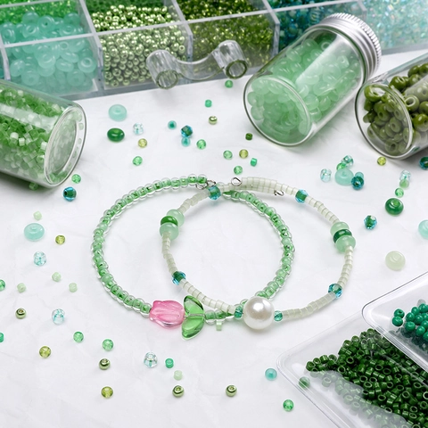 Green Series Glass Lampwork Loose Beads For DIY Bracelet Necklace Jewelry Making Frosted Marble Pattern Round Cylinder Beads