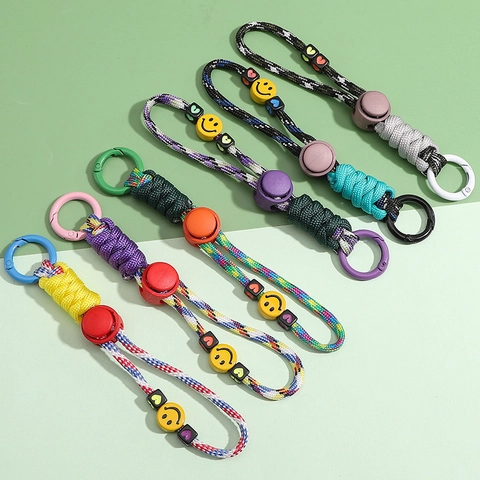 Handmade Braided Paracord Keychain With Smiley Face Heart Beads Alloy Clasp Cute Bag Pendant Car Key Ring For Women Girls