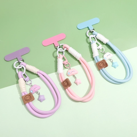 Cute Cloud Star Braided Phone Lanyard With Patch Smiley Leather Wrist Strap Woven Mobile Phone Charm Anti-Loss Key Keychain