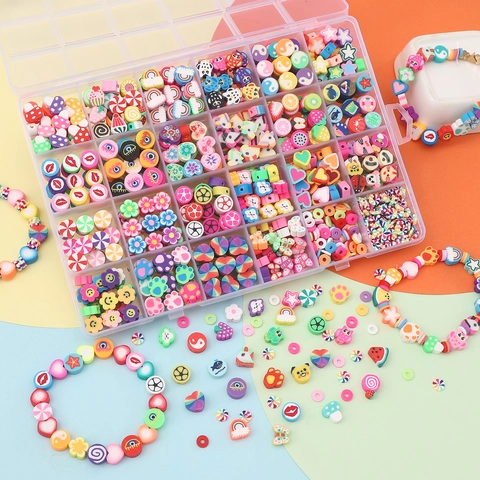 Kit Perles Pâte Polymère Multicolore Fruits Fleurs Visage Souriant Animal Styles Mixtes Bracelet Collier Fait Main Cadeau