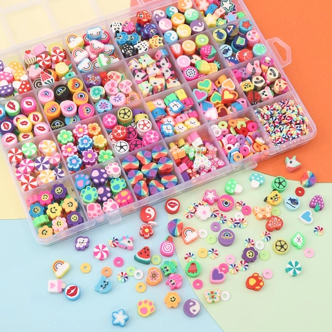Kit de Fabrication de Bijoux DIY Fait Main 24 Grilles Perles en Pâte Polymère Motif Fruits Visage Souriant Animal Coeur Fleur
