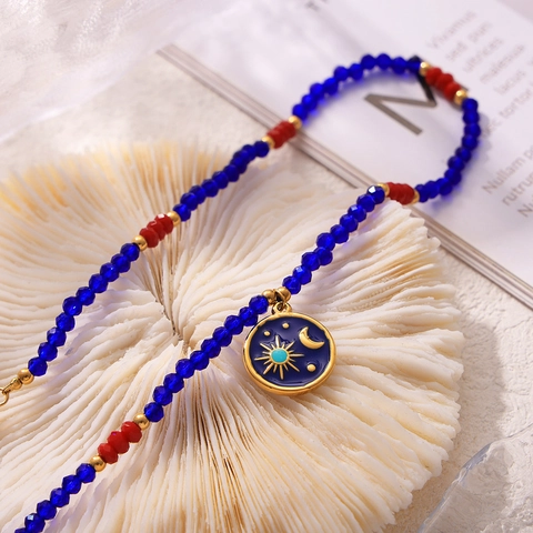 Collana di Perline in Acciaio al Titanio Bohemienne per Donna Ciondolo Sole Luna Stella Smaltato Gioielli Girocollo in Pietra di Cristallo Artificiale
