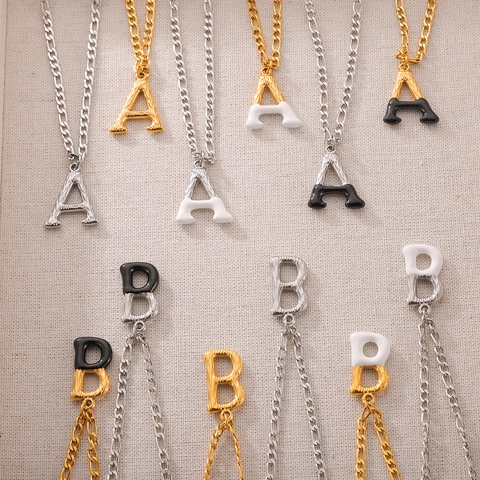 Titanium Steel Initial Letter Pendant Necklace Minimalist Figaro Chain Bark Texture Gold Silver Plated Jewelry For Women