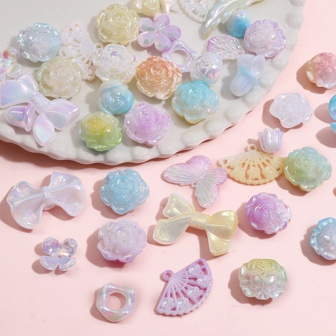 Gemischte Acrylperlen DIY Schmuckherstellung Irisierende Blumen Schmetterlings Schleifen Muschel Charms Goldrand Bastelzubehör