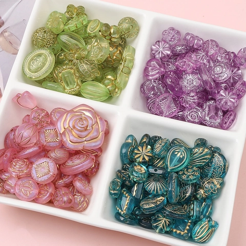 Vintage Baroque Acrylic Beads Gold Traced Mixed Flower Heart Shape Relief Beads For DIY Jewelry Making Bracelet Necklace Accessories