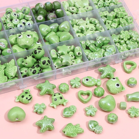 Green Ceramic Beads For DIY Jewelry Making Handmade Green Series Multi Shapes Hearts Stars Animals Flowers Shells Ceramic Beads