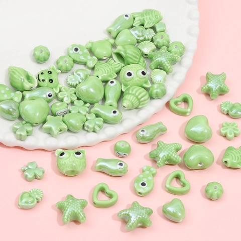 Green Ceramic Beads For DIY Jewelry Making Handmade Green Series Multi Shapes Hearts Stars Animals Flowers Shells Ceramic Beads