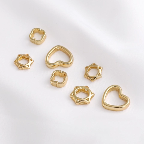 14K Gold Plated Copper Hollow Heart Hexagram Star Flower Spacer Beads With Artificial Pearl For DIY Jewelry Making Accessories