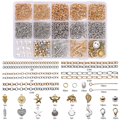 Kit de Fabricación de Joyería DIY Colgantes de Aleación Cadenas Metálicas Cierres de Langosta Anillas Perlas Artificiales de Imitación