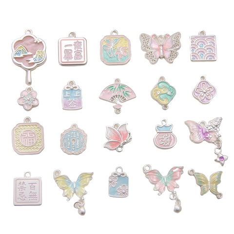 Alloy Matte Silver Enamel Pendant Butterfly Fan Square Card DIY Necklace Bracelet Jewelry Making Accessories Macaron Charms