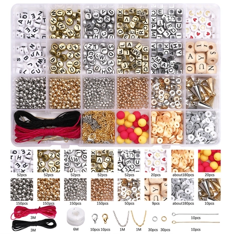 Kit de Pulsera y Collar de Cuentas de Alfabeto Arcilla Polimérica Set de Joyería DIY Hecho a Mano Con Dijes de Metal para Niños Adultos