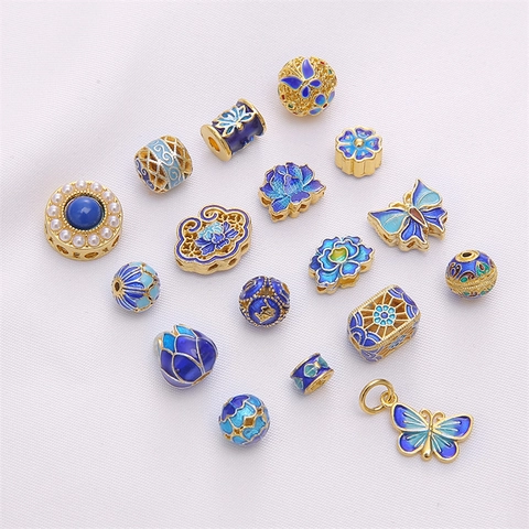 Vintage 18K Gold Plated Copper Cloisonne Enamel Butterfly Lotus Flower Charms Spacer Beads For DIY Jewelry Making Findings