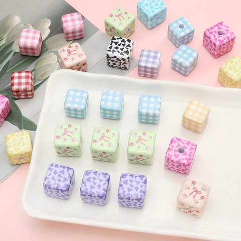 Acrylic Printed Cube Beads Gingham Cow Floral Bow Patterns For DIY Phone Chains Jewelry Making Accessories Handmade Craft Supplies