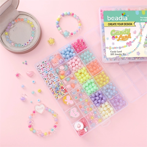 Kit de Fabrication de Bijoux DIY Perles en Acrylique Macaron Lettres Formes de Cœur Fleur pour Bracelets Colliers Avec Boîte