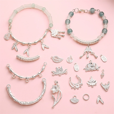 Alloy Silver Tone New Chinese Style Pendants Lotus Fan Bamboo Leaf Moon Butterfly Charms For DIY Jewelry Making Findings Accessories