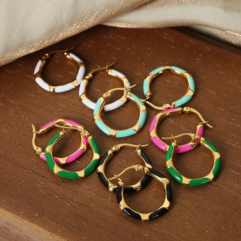 Vintage Candy Color Enamel Hoop Earrings Gold Plated Titanium Steel Geometric Wave Bamboo Joint Earrings For Women Jewelry