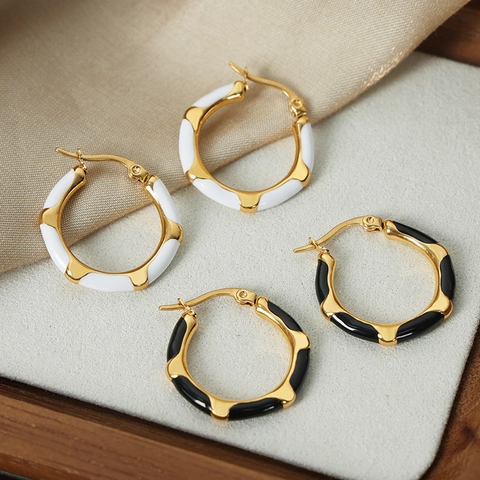 Vintage Candy Color Enamel Hoop Earrings Gold Plated Titanium Steel Geometric Wave Bamboo Joint Earrings For Women Jewelry