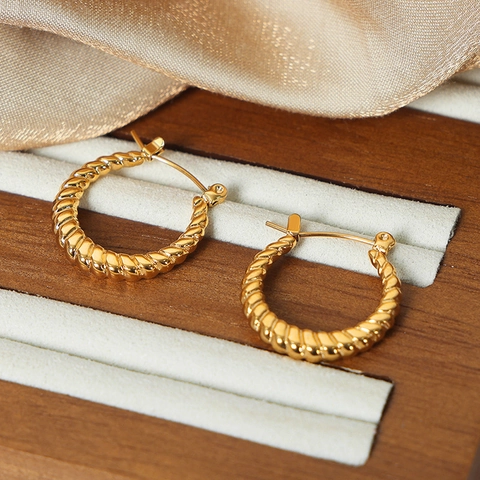 Vintage Titanium Steel Gold Plated Hoop Earrings For Women Twisted Rope Embossed Floral Bamboo Joint Cross Pattern Fashion Jewelry
