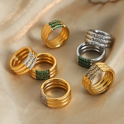 Anillo de Acero de Titanio Vintage Francés Chapado en Oro de Dieciocho Quilates Triple Capa Zirconia Anillo de Onda para Mujer Joyería Retro