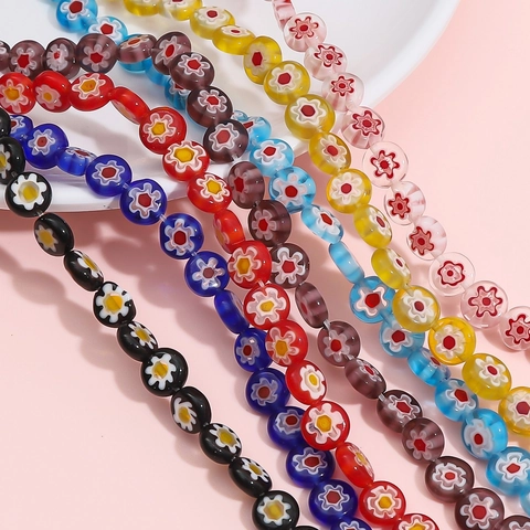 Millefiori Glass Loose Beads Flat Round Floral Lampwork Beads For DIY Jewelry Making Bracelet Necklace Earrings Handmade Materials