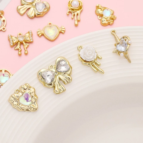Y2K Alloy Heart Bow Planet Rose Pendant For DIY Jewelry Making Sweet Cool Rhinestone Charm Accessories For Women Jewelry