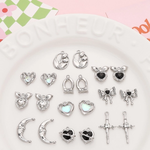 Alloy Rhinestone Heart Moon Bow Tulip Pendants For Jewelry Making DIY Earrings Necklace Bracelet Accessories Silver Color