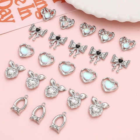Alloy Rhinestone Heart Moon Bow Tulip Pendants For Jewelry Making DIY Earrings Necklace Bracelet Accessories Silver Color