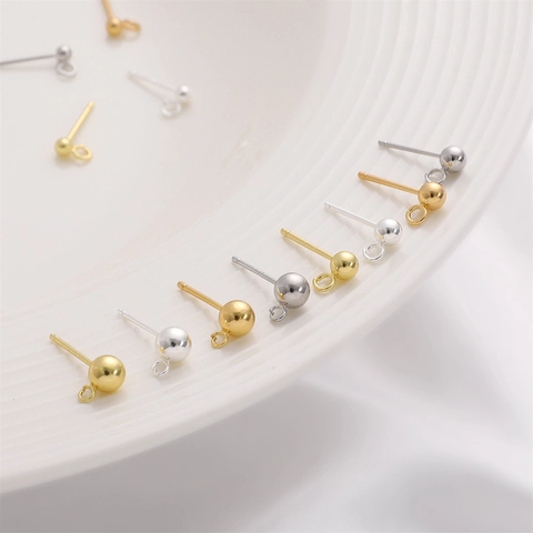 DIY Ball Head Earring Stud Posts with 925 Sterling Silver Post Gold Silver Plated Hanging Loop Jewelry Making Components