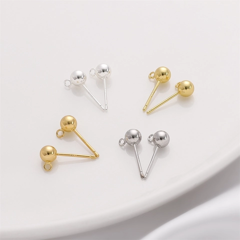DIY Ball Head Earring Stud Posts with 925 Sterling Silver Post Gold Silver Plated Hanging Loop Jewelry Making Components