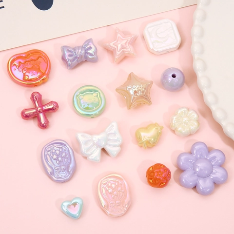 Iridescent Macaron Mixed Color Acrylic Beads Heart Bow Star Tulip Shapes For DIY Jewelry Making Phone Case Decor Supplies