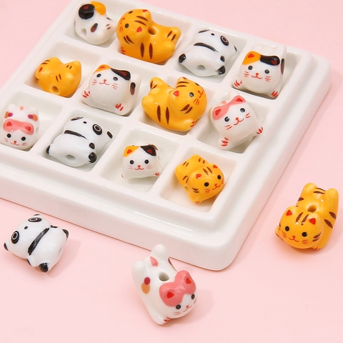 Hand Painted Ceramic Animal Loose Beads Cute Cat Panda Tiger Shape Porcelain Spaced Beads For Jewelry Making DIY Handcrafted Bracelets Necklaces Accessores