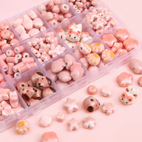 Pink Ceramic Beads DIY Jewelry Making Accessories Cute Cat Heart Star Flower Shape Glazed Porcelain Spacer Loose Beads
